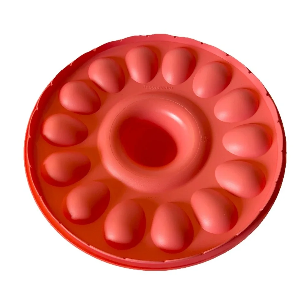 Tupperware 2 Tier Deviled Egg Round Stackable Serving Tray White/Peach Holds 24